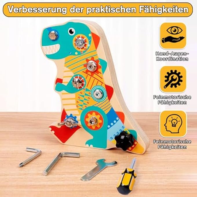 MONTESSORI TOY FROM 3 4 5 YEARS, MONTESSORI WOODEN SCREW BOARD DINO, MOTOR SKILLS TOY, WOODEN TOY BUSY BOARD FOR GIRLS BOYS, CHILDREN'S TOY FOR BIRTHDAY GIFTS - Image 5