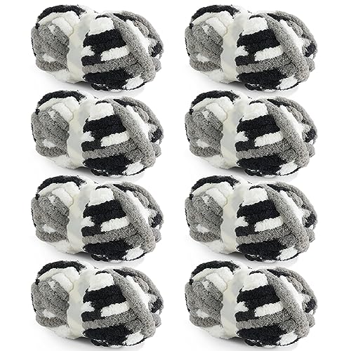 HOMBYS 8 Pack Giant Chunky Yarn for Crocheting/Hand Knitting, Super Bulky Large Soft Fluffy Tie Dye Plush Fuzzy Mixed Color Thick Chenille Yarn (Black, White, Grey) - Image 1