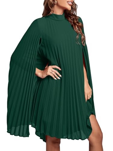 Rooscier Women's Pleated Mock Neck Cloak Sleeve Keyhole Back Flowy Party Midi Dress Plain Green Medium - Image 3