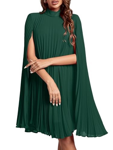 Rooscier Women's Pleated Mock Neck Cloak Sleeve Keyhole Back Flowy Party Midi Dress Plain Green Medium - Image 1