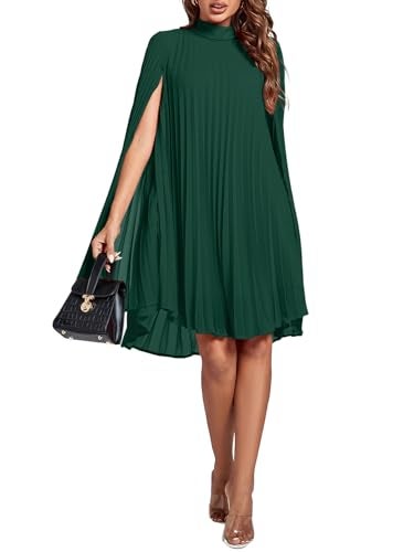 Rooscier Women's Pleated Mock Neck Cloak Sleeve Keyhole Back Flowy Party Midi Dress Plain Green Medium - Image 5
