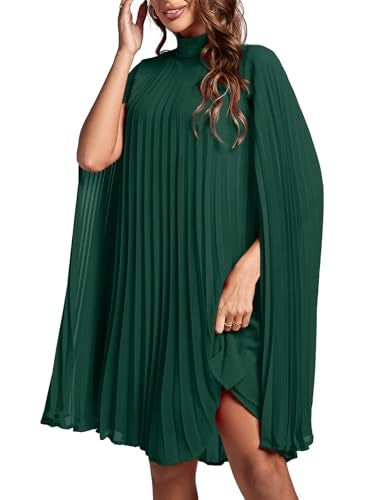Rooscier Women's Pleated Mock Neck Cloak Sleeve Keyhole Back Flowy Party Midi Dress Plain Green Medium - Image 4