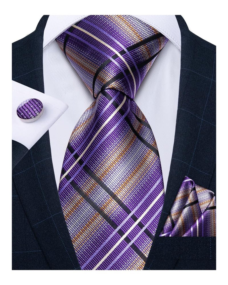 DiBanGu Mens Purple Plaid Tie Set Classic Checkered Necktie and Pocket Square Cufflinks Wedding Business - Image 1