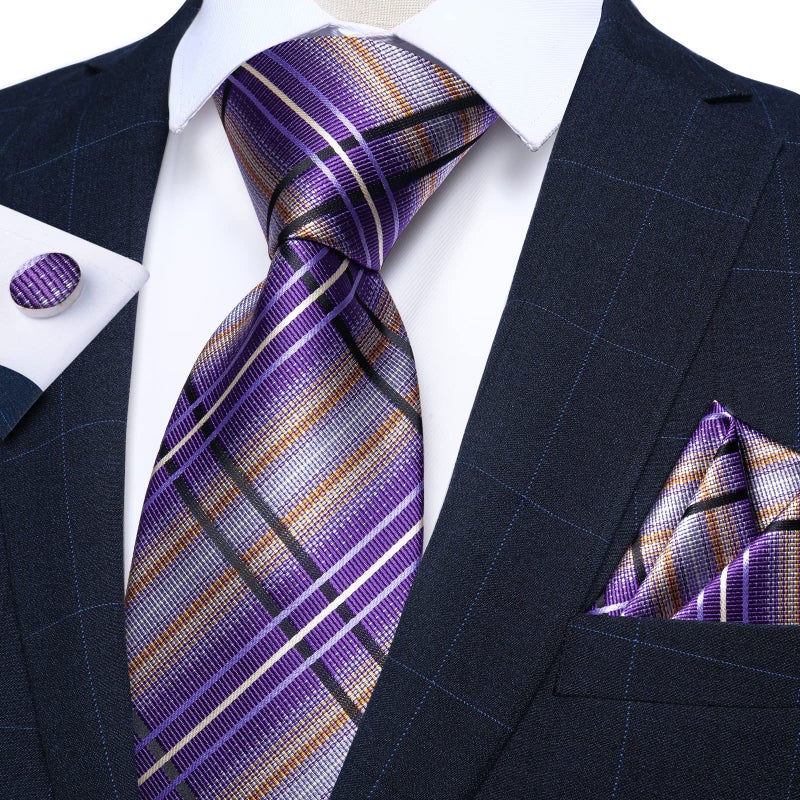 DiBanGu Mens Purple Plaid Tie Set Classic Checkered Necktie and Pocket Square Cufflinks Wedding Business - Image 2