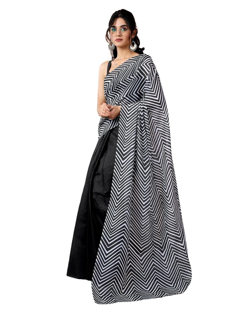 Satrani Women's Chanderi Cotton Printed Ready To Wear With Pocket Saree with Unstitched Blouse Piece (46RS424_Black) - Image 1
