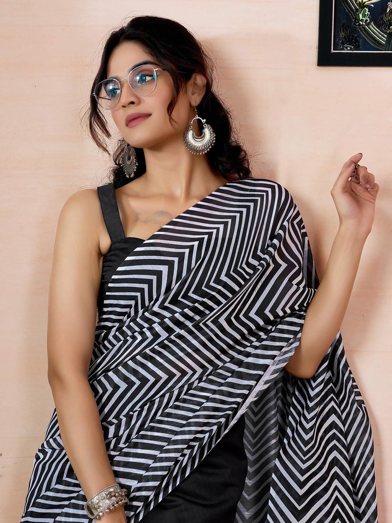 Satrani Women's Chanderi Cotton Printed Ready To Wear With Pocket Saree with Unstitched Blouse Piece (46RS424_Black) - Image 4