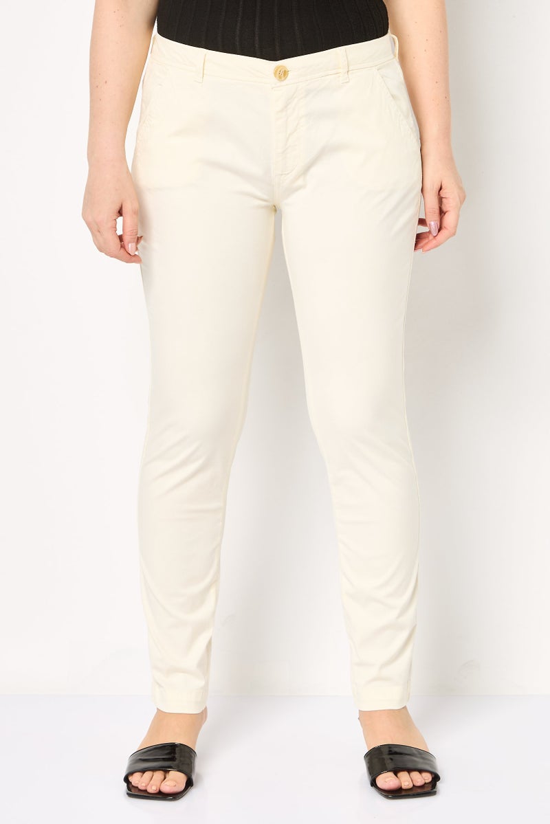 Reiko Women Chino Fit Solid Pants, Cream - Image 1