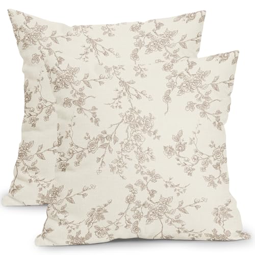 ABSOP Floral Pillow Covers 18x18 Inch Tan and Cream Outdoor Decorative Throw Pillows Set of 2 Vintage Floral Pillowcase Chinoiserie Flower Pillow Cases for Couch Home Decor - Image 1