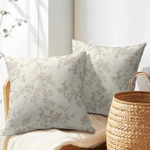 ABSOP Floral Pillow Covers 18x18 Inch Tan and Cream Outdoor Decorative Throw Pillows Set of 2 Vintage Floral Pillowcase Chinoiserie Flower Pillow Cases for Couch Home Decor - Image 3