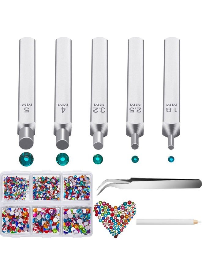 Chumia 13 Pieces Jewelry Metal Stamping Tools Crystals Setter Kit, 5 Metal Stamping Punches with Tweezer Picking Pen Storage Box 2500 Pieces Colored Rhinestones Crystals for DIY Crafts Jewelry - Image 1