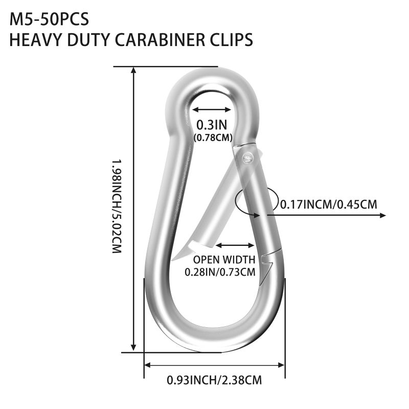 High-PQ Carabiner, Heavy Duty Galvanized Steel Spring Snap Hook Carabiner Clips with 220LBS Holding Capacity, Ideal for Outdoor, Hammock, Swing and Travel (M5 2Inch, 50PCS) - Image 2
