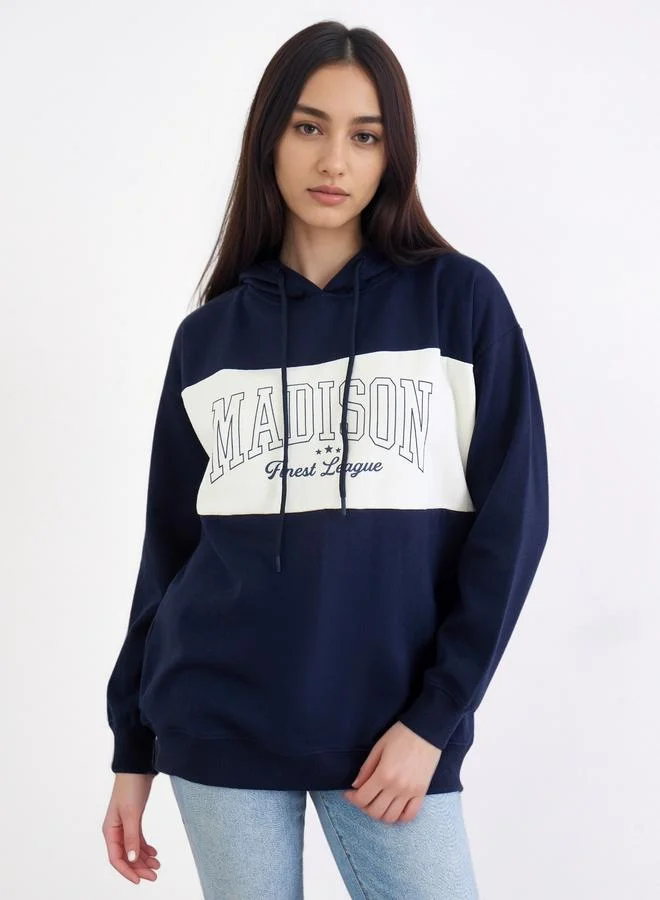 Styli Women Dark Blue Regular Fit Color Block Hoodie