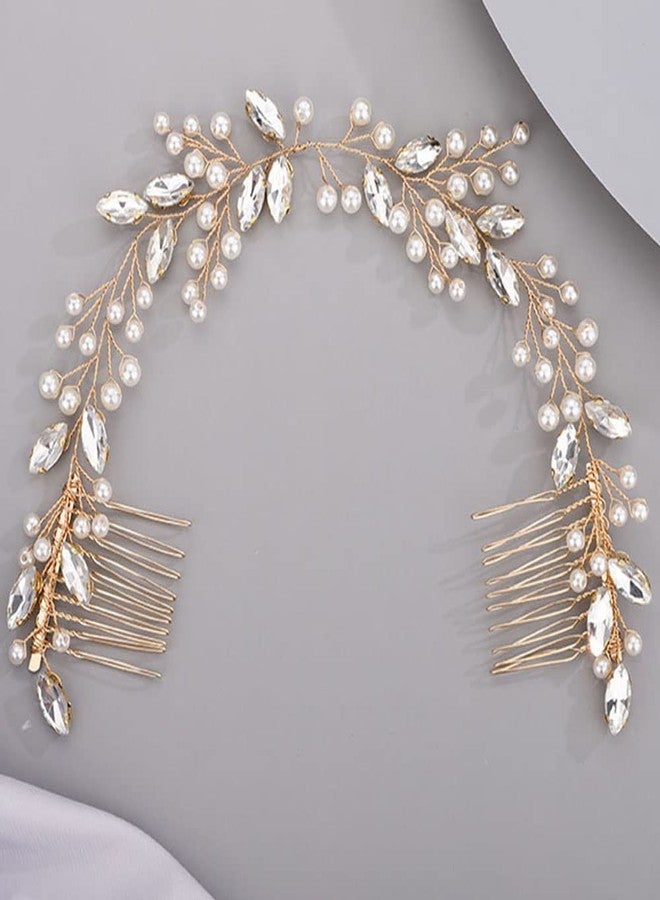 Chargances Bridal Pearl Crystal Hair Vine Comb Wedding Gold Long Headband Hair Comb Fashion Handmade Headpiece Bridal Hair Accessories for Wedding Prom Flower Girl (Gold) - Image 1