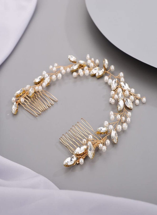 Chargances Bridal Pearl Crystal Hair Vine Comb Wedding Gold Long Headband Hair Comb Fashion Handmade Headpiece Bridal Hair Accessories for Wedding Prom Flower Girl (Gold) - Image 3