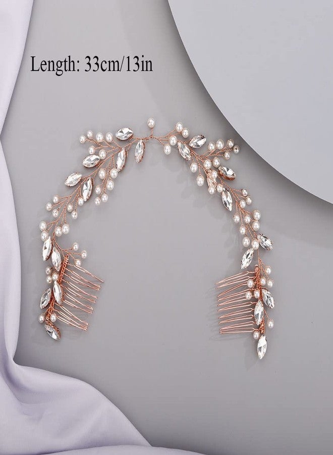 Chargances Bridal Pearl Crystal Hair Vine Comb Wedding Gold Long Headband Hair Comb Fashion Handmade Headpiece Bridal Hair Accessories for Wedding Prom Flower Girl (Gold) - Image 5