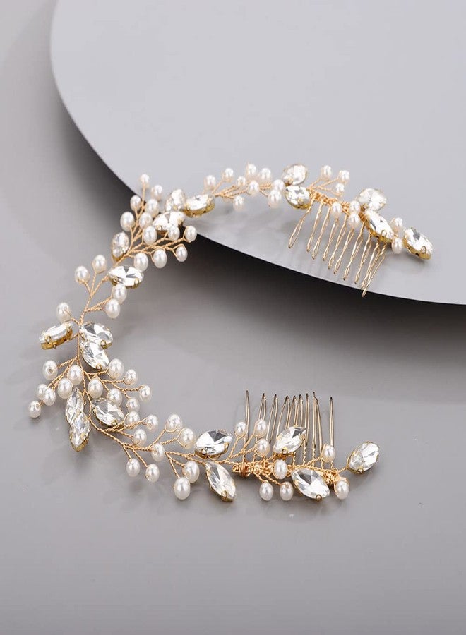 Chargances Bridal Pearl Crystal Hair Vine Comb Wedding Gold Long Headband Hair Comb Fashion Handmade Headpiece Bridal Hair Accessories for Wedding Prom Flower Girl (Gold) - Image 2