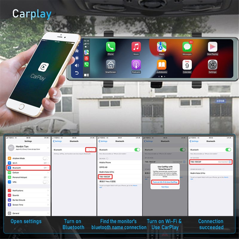 Mirror Dash Cam with Wireless Apple Carplay&Android Auto,11.26" Voice Control Rear View Mirror 1080P Front and Rear View Dual Cameras,FM Transmitter,Night Vision,Parking Assistance, WDR,Loop Recording - Image 2