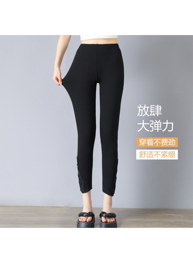pincai Stylish Lace Ankle Pants For Women, Summer Thin Stretch High-Waist Plus Size Slimming With Lace Hem - Image 5