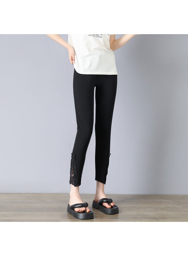 pincai Stylish Lace Ankle Pants For Women, Summer Thin Stretch High-Waist Plus Size Slimming With Lace Hem - Image 4
