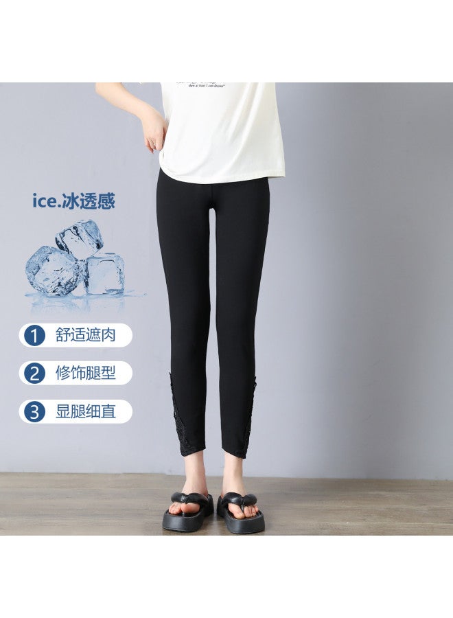 pincai Stylish Lace Ankle Pants For Women, Summer Thin Stretch High-Waist Plus Size Slimming With Lace Hem - Image 3