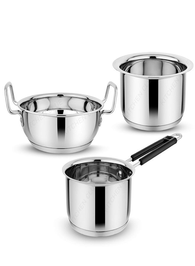 Kitchen Clue Stainless Steel Cookware Set of 3 Pcs, Induction & Gastove Compatible I Heavy Bottom with TRIPLY Base I Milk Bhagona/Patila/Tea Pan/Kadhai (Tope 2000ml + Saucepan 2000ml + Kadhai 2300ml) - Image 1