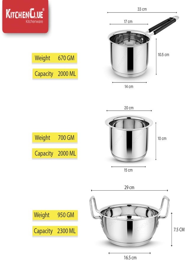 Kitchen Clue Stainless Steel Cookware Set of 3 Pcs, Induction & Gastove Compatible I Heavy Bottom with TRIPLY Base I Milk Bhagona/Patila/Tea Pan/Kadhai (Tope 2000ml + Saucepan 2000ml + Kadhai 2300ml) - Image 3