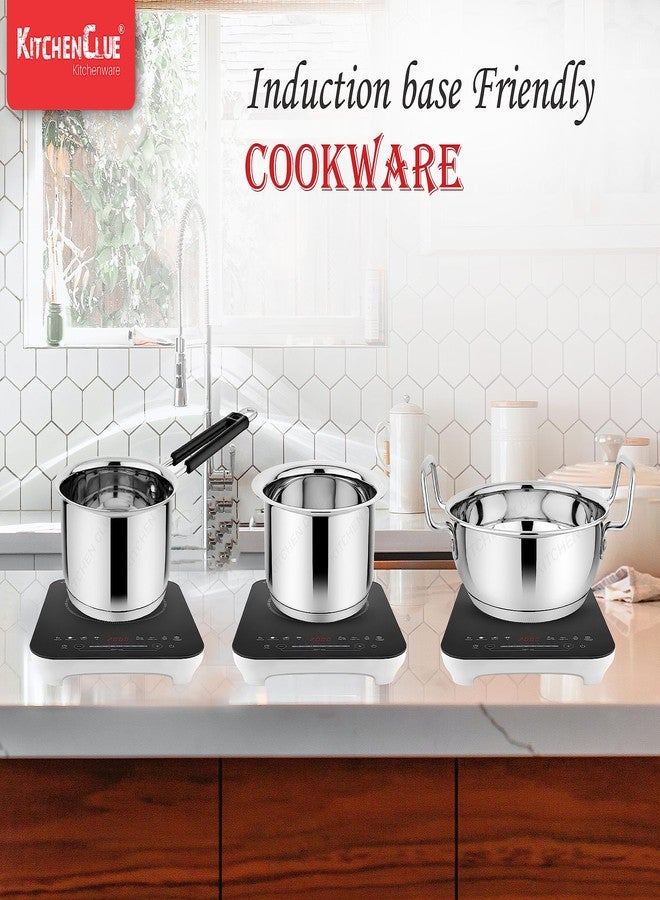 Kitchen Clue Stainless Steel Cookware Set of 3 Pcs, Induction & Gastove Compatible I Heavy Bottom with TRIPLY Base I Milk Bhagona/Patila/Tea Pan/Kadhai (Tope 2000ml + Saucepan 2000ml + Kadhai 2300ml) - Image 4