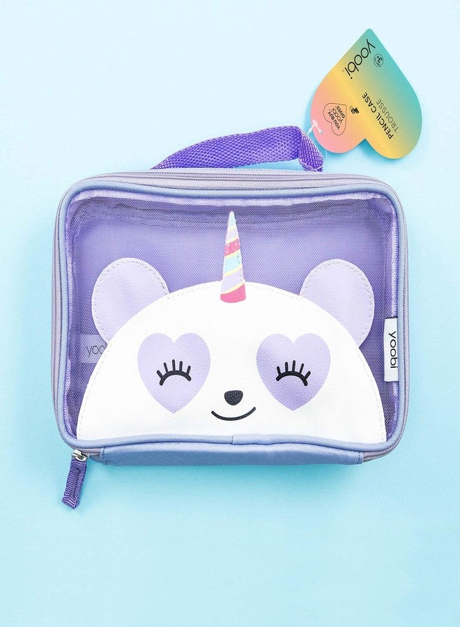 Yoobi Pandacorn Pencil Case - Purple Mesh Cute Pencil Pouch - Pencil Bag w/Carry Handle - Pen Pouch for School or Office - Multifunctional Zippered Pouch Makeup Bag or Toiletries Bag - Image 2
