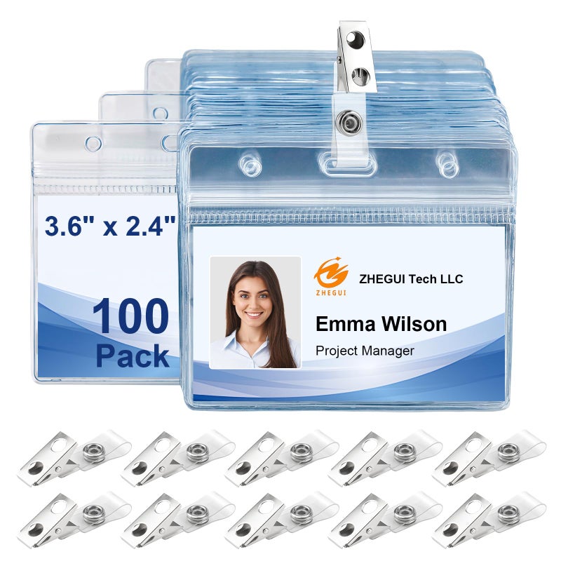 ZHEGUI 100 Pack Horizontal ID Badge Holder with Clip Waterproof PVC Transparent Name Tag Holder with Sealed Zipper Plastic ID Card Holders for Offices Schools Conferences Trade Shows and Events - Image 2