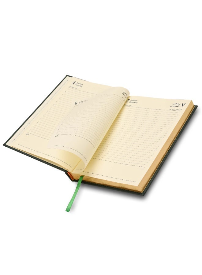 FIS 2027 Golden A5 Diary, 148x210mm, 1 Side Padded Italian PU Cover Materials, Gold Gilded Edges & Sewn Cover, Arabic/English, 70gsm Italian Ivory Paper,  Green Cover-FSDI26AEG27GR - Image 5