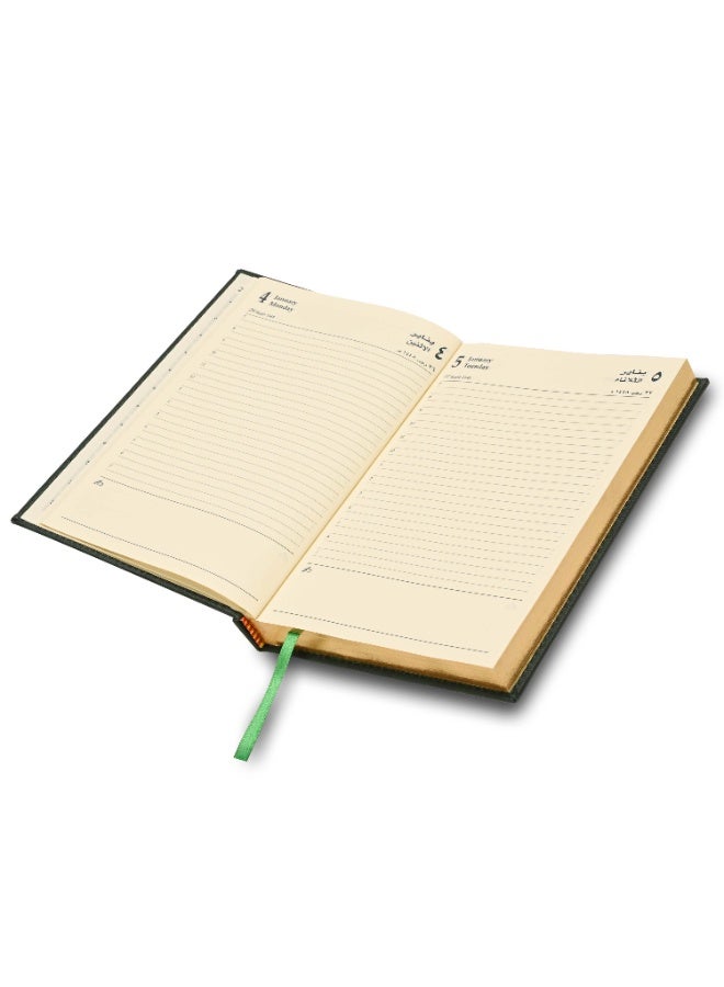 FIS 2027 Golden A5 Diary, 148x210mm, 1 Side Padded Italian PU Cover Materials, Gold Gilded Edges & Sewn Cover, Arabic/English, 70gsm Italian Ivory Paper,  Green Cover-FSDI26AEG27GR - Image 4