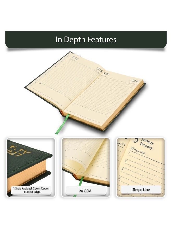 FIS 2027 Golden A5 Diary, 148x210mm, 1 Side Padded Italian PU Cover Materials, Gold Gilded Edges & Sewn Cover, Arabic/English, 70gsm Italian Ivory Paper,  Green Cover-FSDI26AEG27GR - Image 2