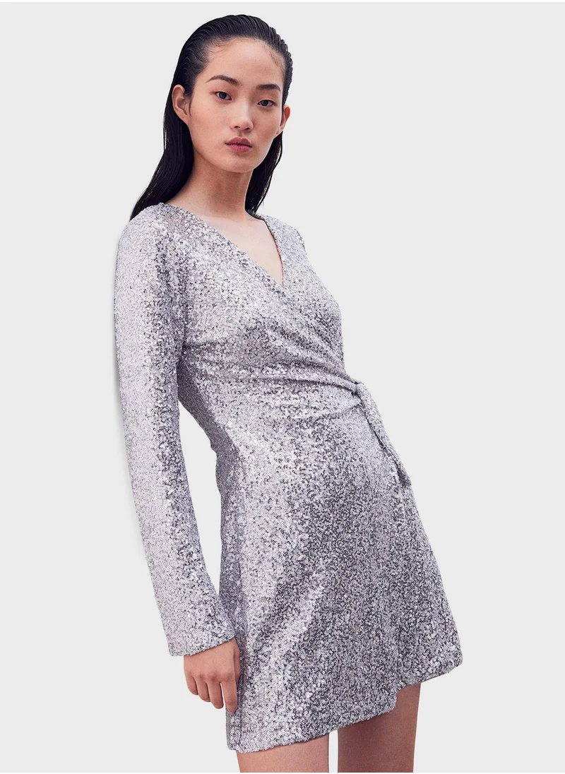 H&M Printed Sequined Wrap Dress