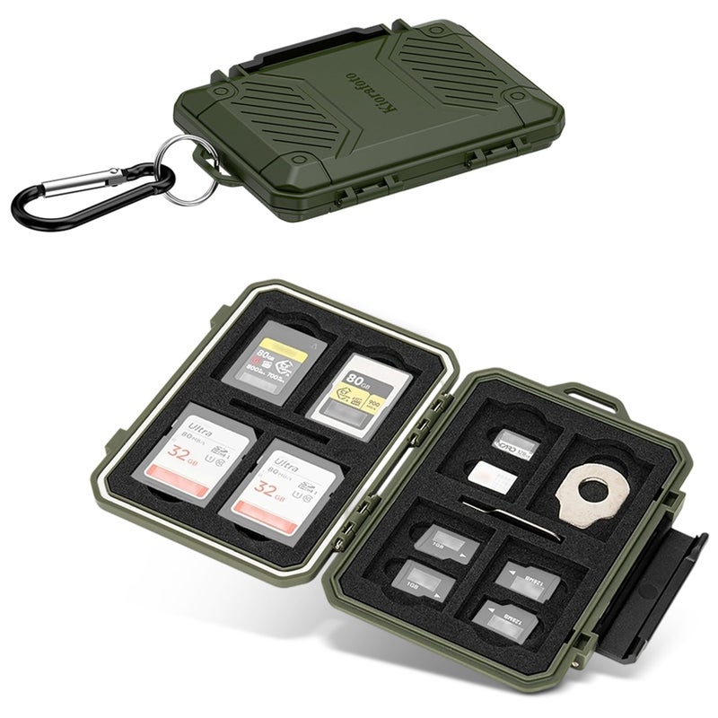 Kiorafoto Memory Card Case with 18 Slots, IP67 Waterproof Anti-Shock Travel Camera Memory Card Holder for 8 SD SDHC SDXC Cards & 4 MicroSD TF MSD & 4 CFexpress Type-A Cards & 2 Nano SIM Storage - Green - Image 1