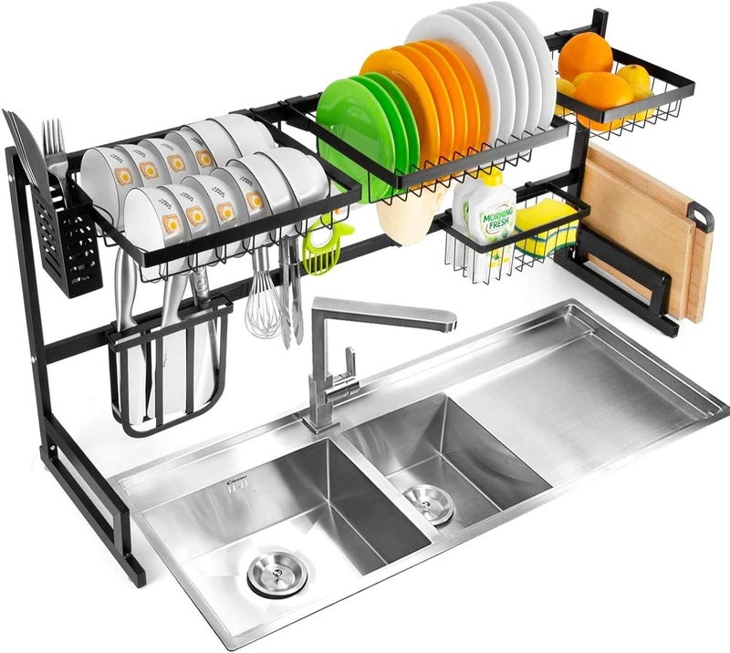 YIKA Over The Sink Dish Rack (34''), 2 Tier Dish Drying Rack, Large Dish Drainer Shelf with Utensil Holder, Over Sink Kitchen Stainless Steel Storage Rack Space Saver Display Stand - Image 1