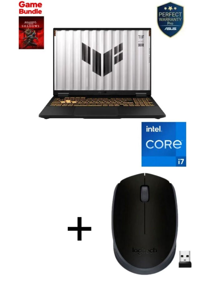 أسوس لابتوب TUF F16 FX608JHI-TU657W بشاشة 16 بوصة WUXGA / معالج Intel Core i7-14650HX / ذاكرة تخزين 16 جيجابايت / قرص SSD بسعة 512 جيجابايت / بطاقة رسومات NVIDIA GeForce RTX 5050 / مع حزمة ألعاب + ماوس لاسلكي Logitech M171 / 910-004424 جايجر غراي - Image 1