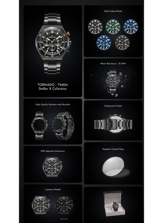 TORNADO Men's Multi Function Display Watch With Silver Stainless Steel Strap - T24104-SBSN