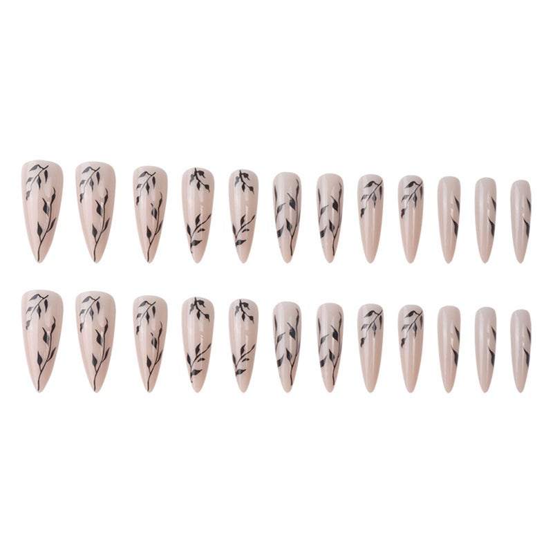 SINHOT Stiletto Press on Nails Extra Long Fake Nails with Glue Glossy False Nails with Black Leaves Designs Full Cover Almond Acrylic Nail 24pcs - Image 3