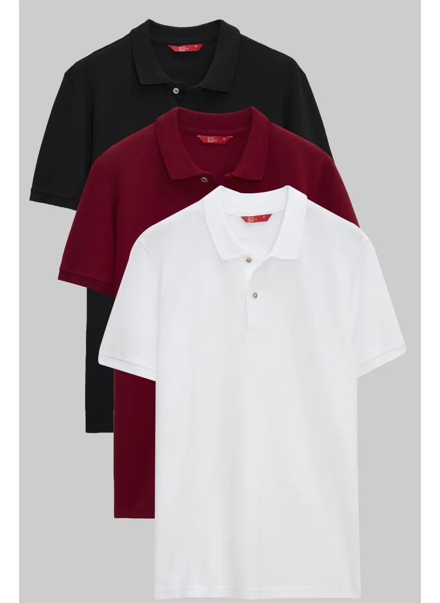 D'S DAMAT Regular Fit Black/Burgundy/White Pique Textured 100% Cotton Polo Neck T-Shirt 6HC14ORTBN510