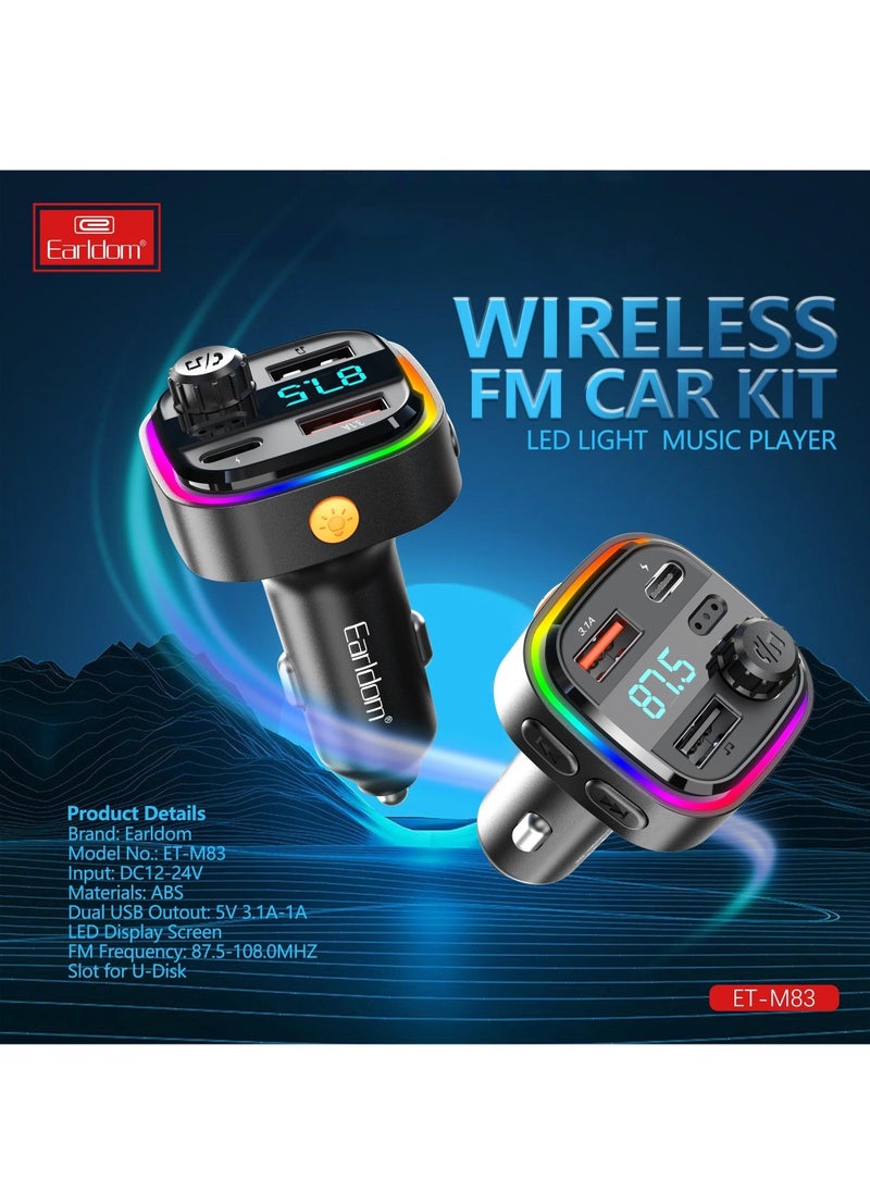 Earldom - M83 Wireless Car Kit FM Transmitter - 2 USB output: 5V 3.1A+1A - FM frequency range: 87.5-108.0MHz - Image 1
