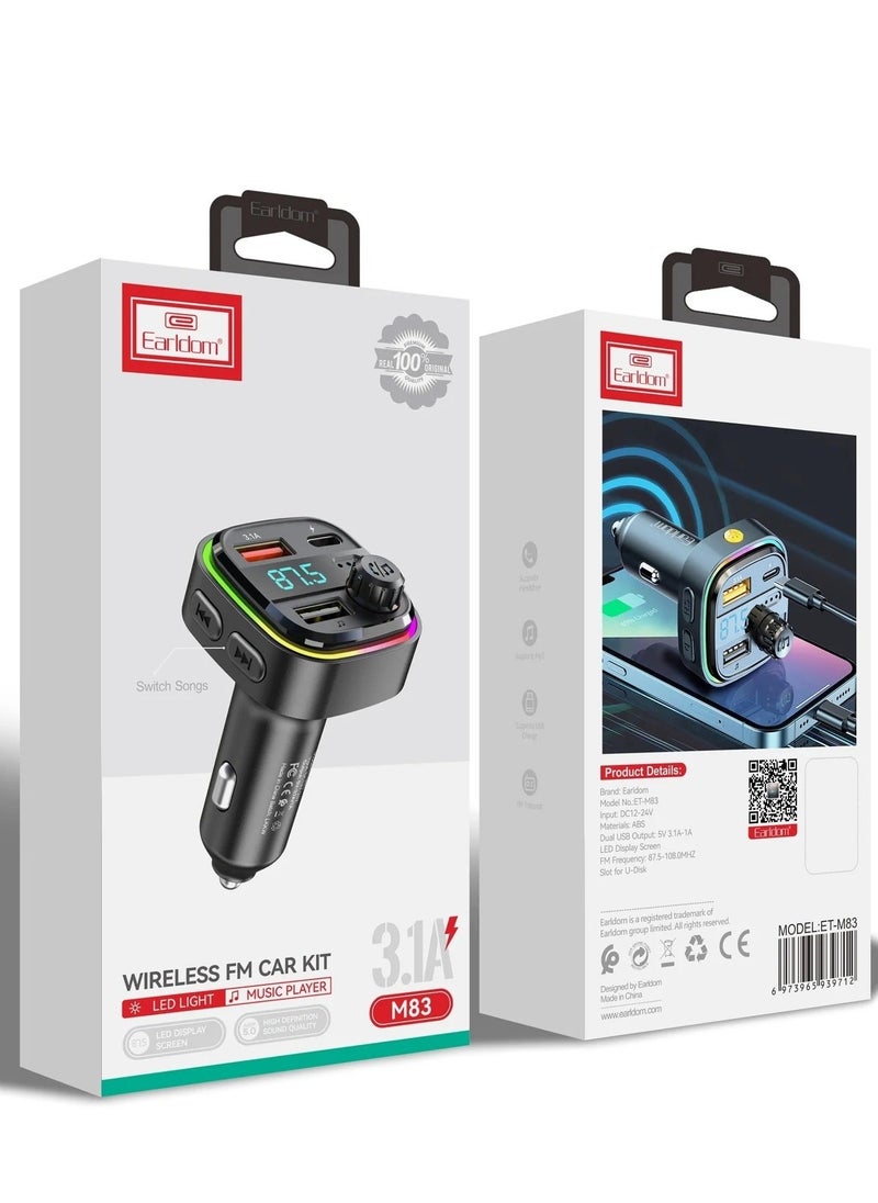 Earldom - M83 Wireless Car Kit FM Transmitter - 2 USB output: 5V 3.1A+1A - FM frequency range: 87.5-108.0MHz - Image 1