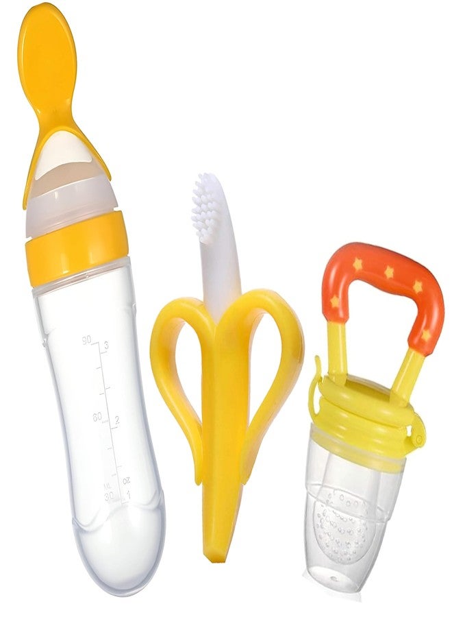 Roforuf Baby Banana Teether, Spoon Bottle & Fruit Feeder Combo - Safe Teething, Feeding & Mealtime Essentials BPA-Free Perfect for Teething Relief & Fresh Food Feeding for Newborn Toddlers & infant baby(pack of 3) - Image 1