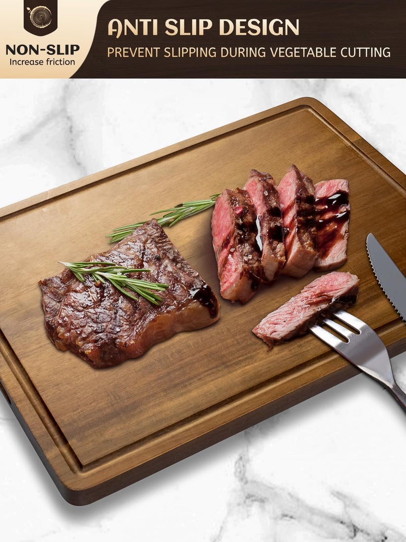 Misawce Large Acacia Wood Cutting Board for Kitchen, 17x12 Inch Reversible Wooden Chopping Board Charcuterie Board with Juice Grooves and Handle for Meat, Cheese, Vegetables, Fruits, Bread - Image 2