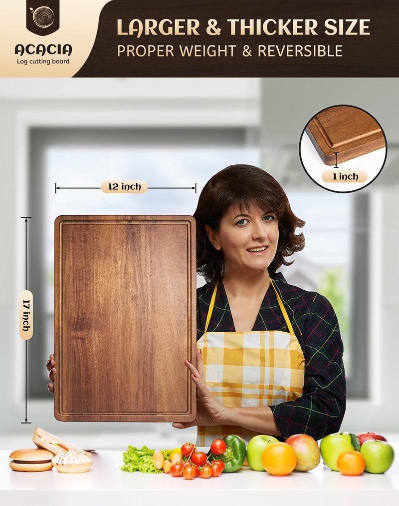 Misawce Large Acacia Wood Cutting Board for Kitchen, 17x12 Inch Reversible Wooden Chopping Board Charcuterie Board with Juice Grooves and Handle for Meat, Cheese, Vegetables, Fruits, Bread - Image 3