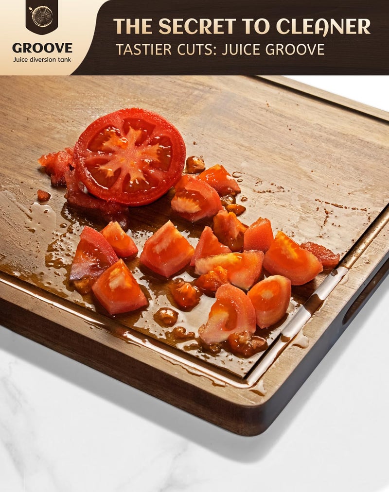 Misawce Large Acacia Wood Cutting Board for Kitchen, 17x12 Inch Reversible Wooden Chopping Board Charcuterie Board with Juice Grooves and Handle for Meat, Cheese, Vegetables, Fruits, Bread - Image 4
