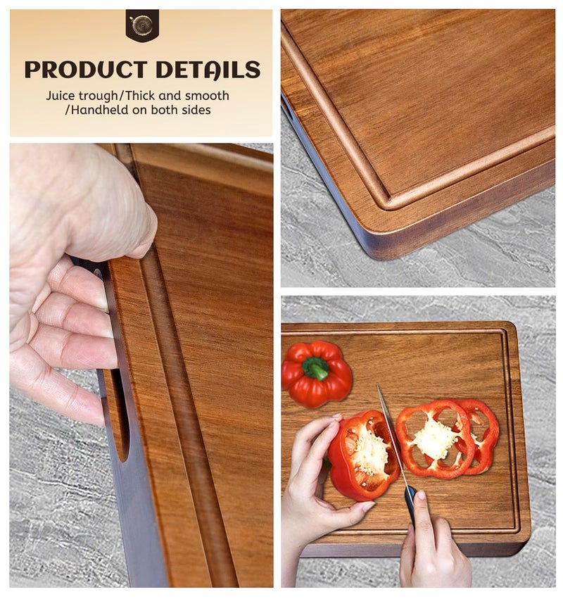 Misawce Large Acacia Wood Cutting Board for Kitchen, 17x12 Inch Reversible Wooden Chopping Board Charcuterie Board with Juice Grooves and Handle for Meat, Cheese, Vegetables, Fruits, Bread - Image 5