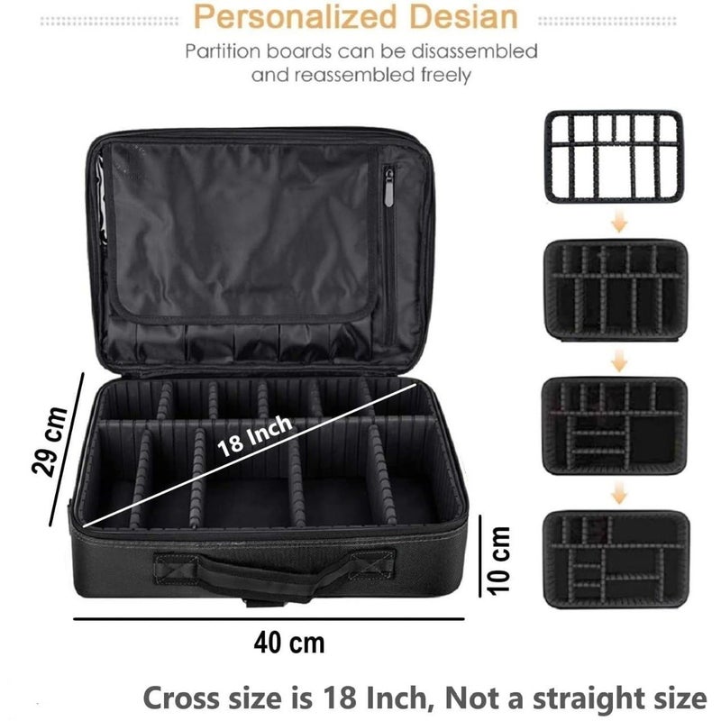 FEBLICH Travel Professional Makeup Case 2 Layer Cosmetic Organizer Brush Bag Barber Train Case Makeup Artist Box with Adjustable Dividers for Hair Curler Hair Straightener Set and Cosmetics Black 18 Inch - Image 2