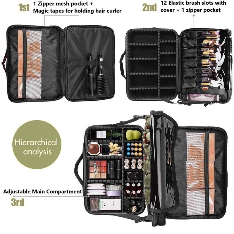 FEBLICH Travel Professional Makeup Case 2 Layer Cosmetic Organizer Brush Bag Barber Train Case Makeup Artist Box with Adjustable Dividers for Hair Curler Hair Straightener Set and Cosmetics Black 18 Inch - Image 3
