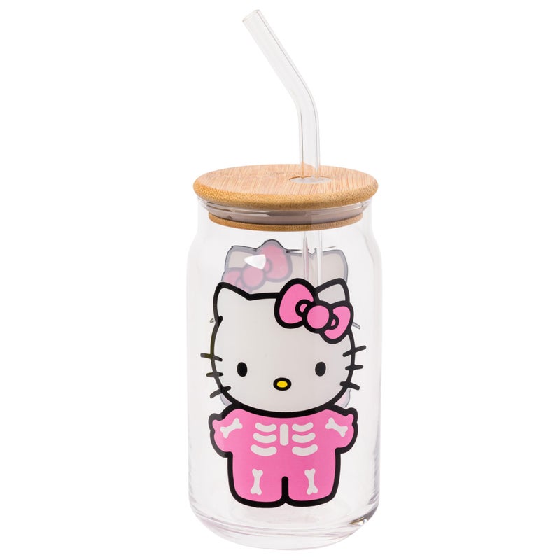 Silver Buffalo Silver Buffalo Sanrio Hello Kitty Halloween Spooky Skeleton Glass Jar Tumbler with Bamboo Lid and Glass Straw 16 Ounces 