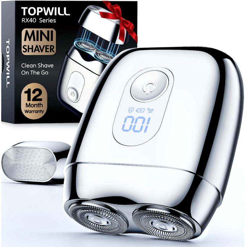 TOPWILL All-Metal Mini Electric Shaver for Men â€“ Portable Travel Razor with Mirror Cap, Smooth & Close Shave, LED Display, USB-C Fast Charge, Wet/Dry Waterproof â€“ RX40 Silver - Image 1